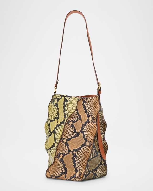 Adria Pleated Wave Snakeskin-Embossed Bucket Bag